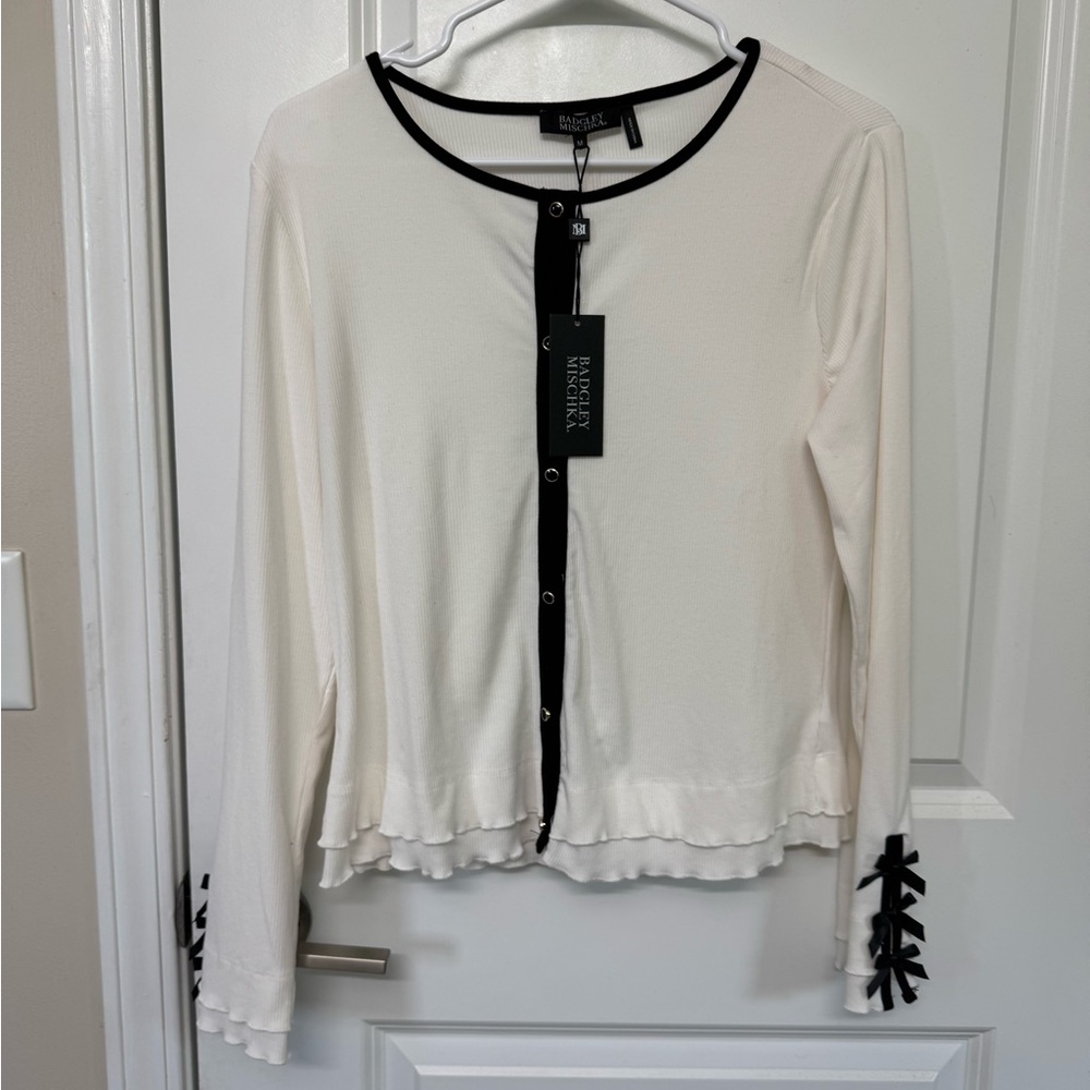 Badgley Mischka Cream Button-Front Top with Black Trim